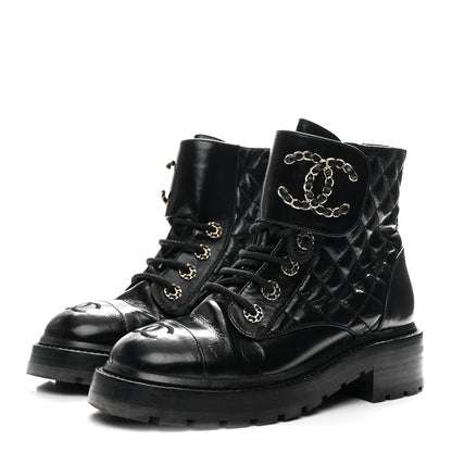 Chanel Shiny Calfskin Quilted Lace Up Combat Boots 36 Black 4 of 10