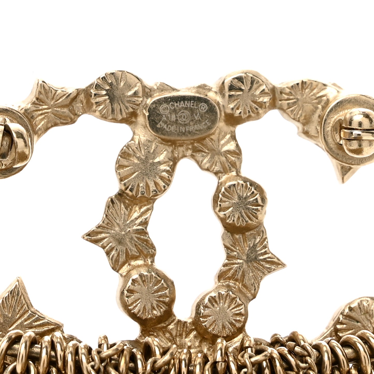 Metal Pearl Chain Fringe CC Brooch Gold
