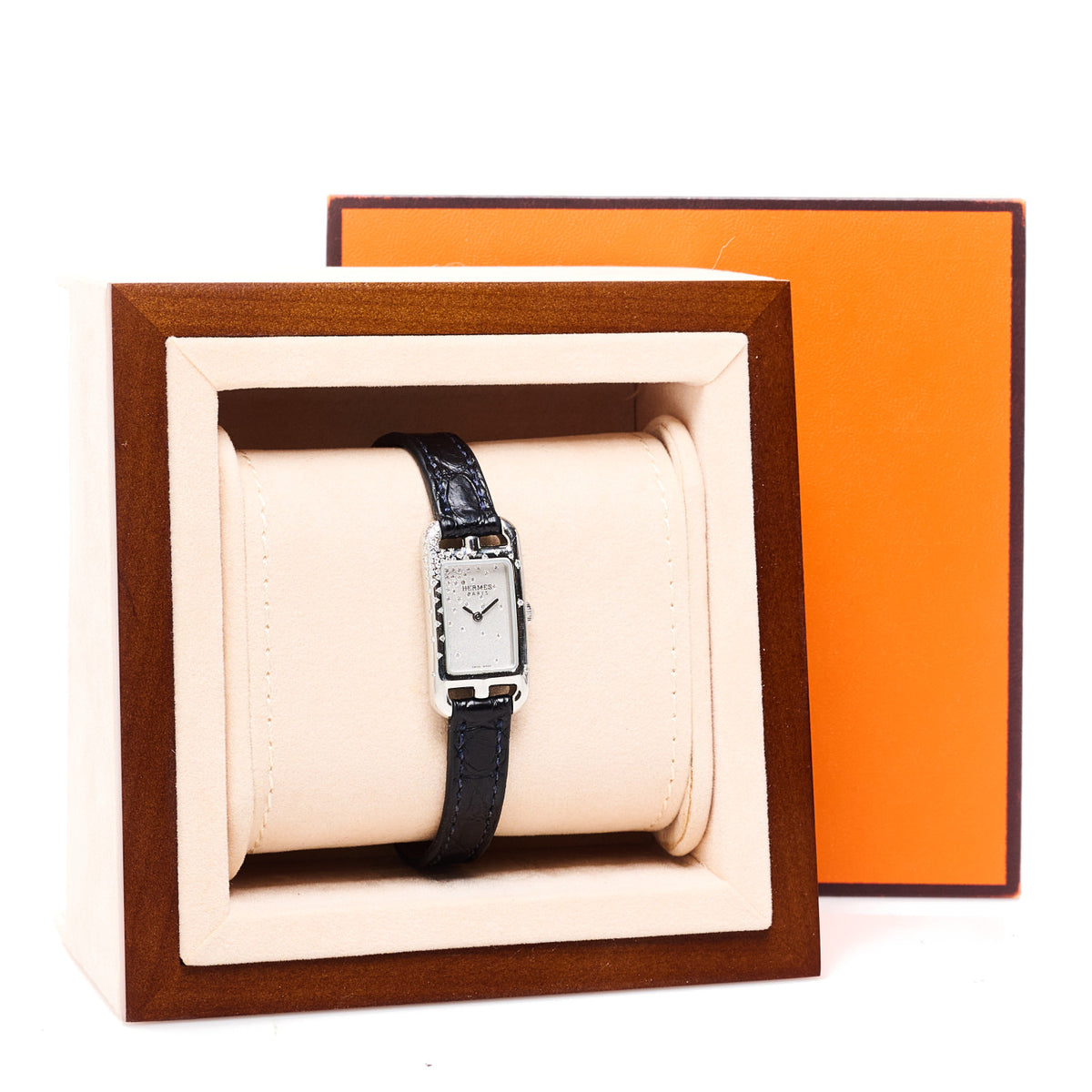 Hermes Stainless Steel Alligator Diamond 17mm Nantucket Jete De Diamants Quartz Watch Bleu Abysse 5 of 5
