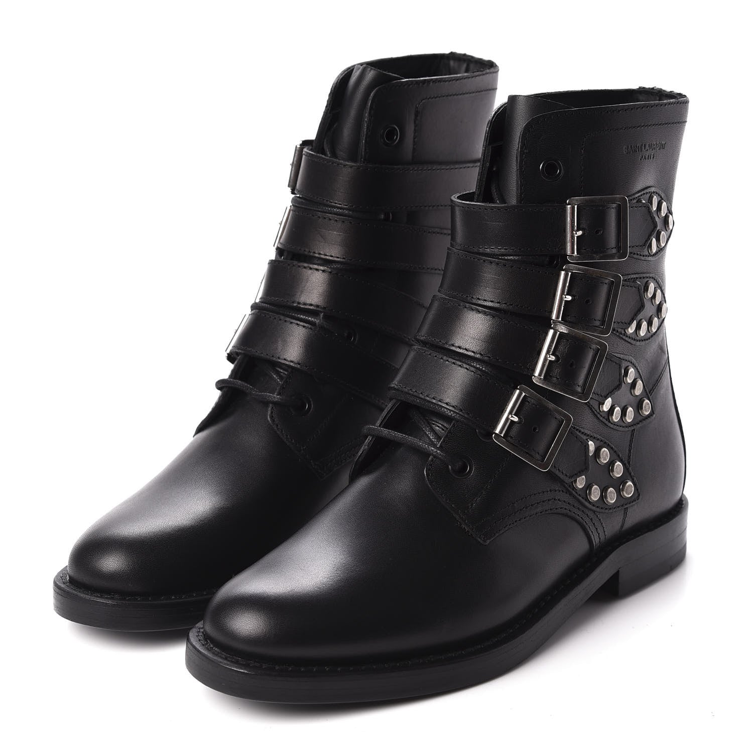 Saint Laurent Smooth Calfskin Studded Strap Rangers Boots 36.5 Black 3 of 8