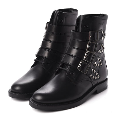 Saint Laurent Smooth Calfskin Studded Strap Rangers Boots 36.5 Black 3 of 8