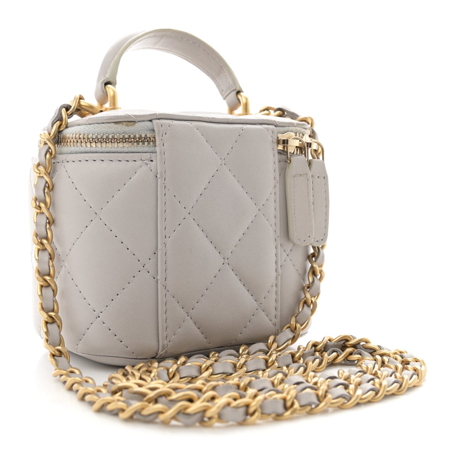 Lambskin Quilted Top Handle Mini Vanity Case With Chain Grey