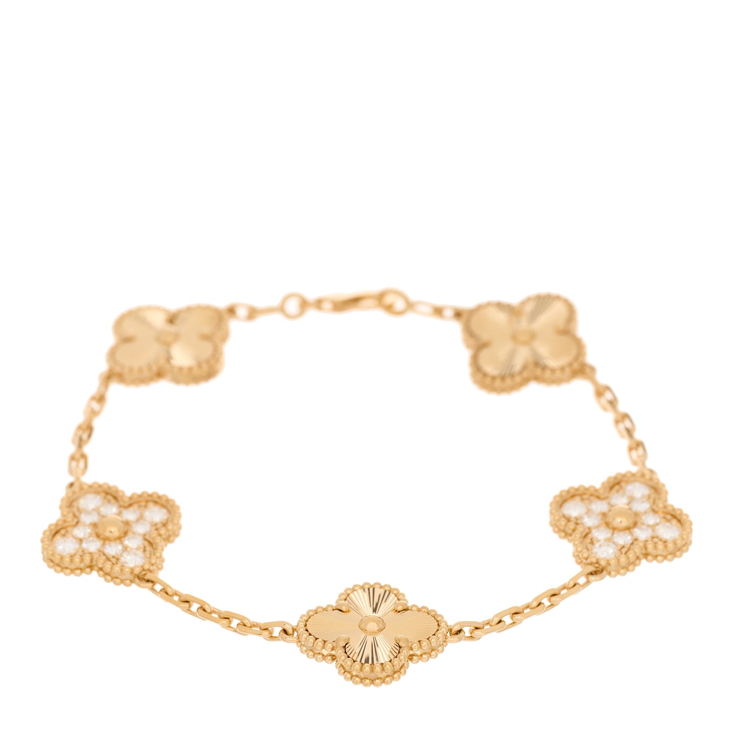 18K Yellow Gold Diamond 5 Motifs Guilloche Vintage Alhambra Bracelet