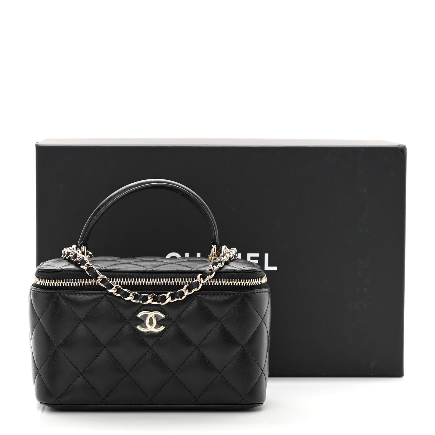 Lambskin Quilted Small Top Handle Vanity Case With Chain Black