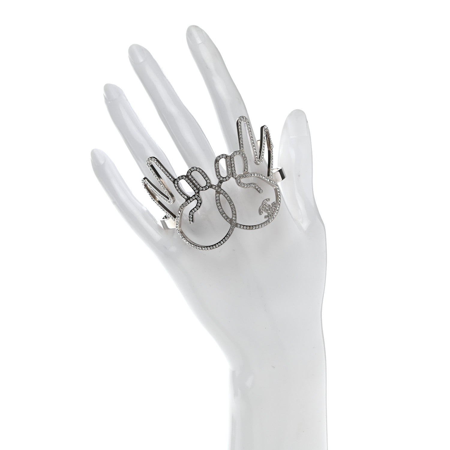 Chanel Crystal Peace Sign Emoji Bangle Bracelet Silver 2 of 5