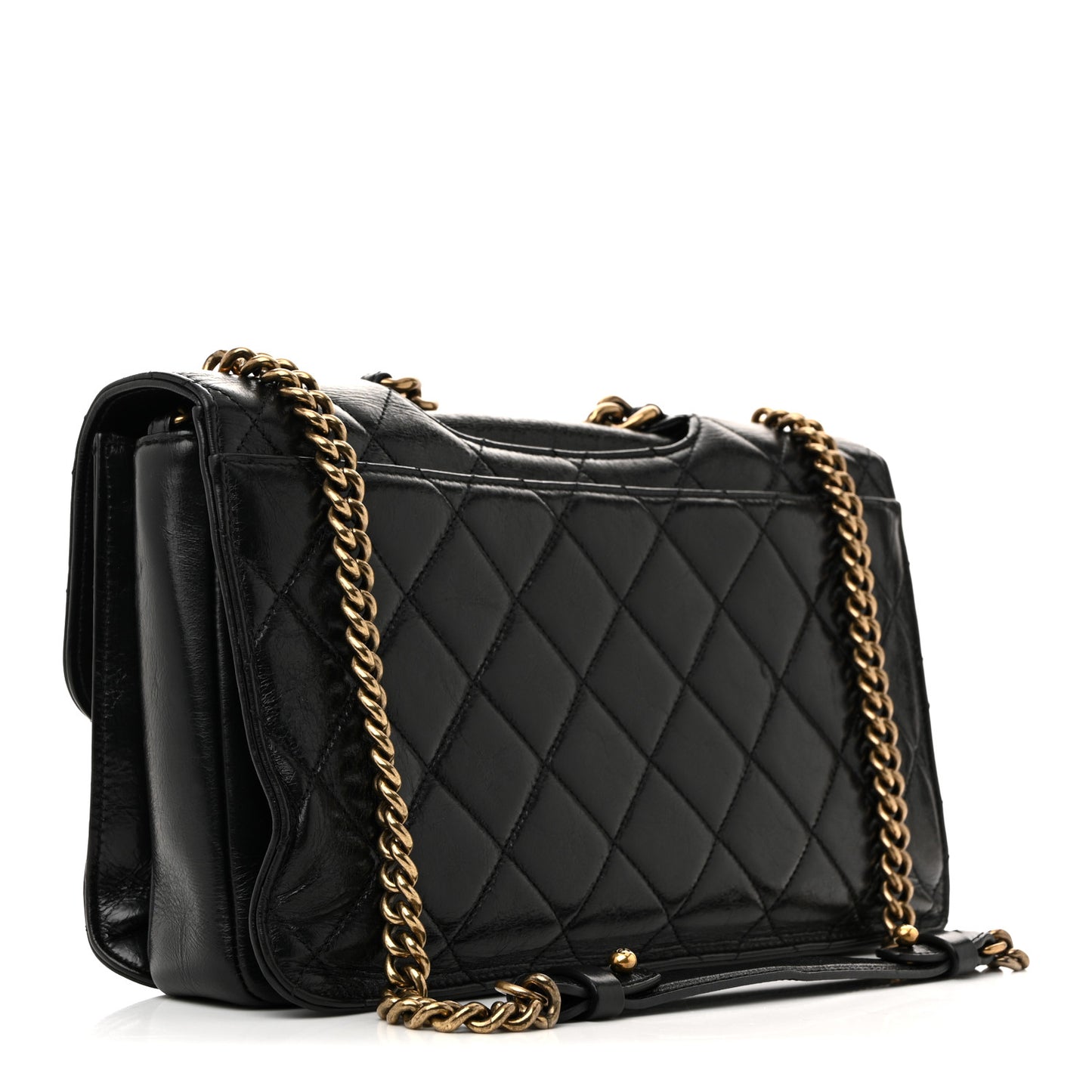 Glazed Calfskin Quilted Large Perfect Edge Flap Black