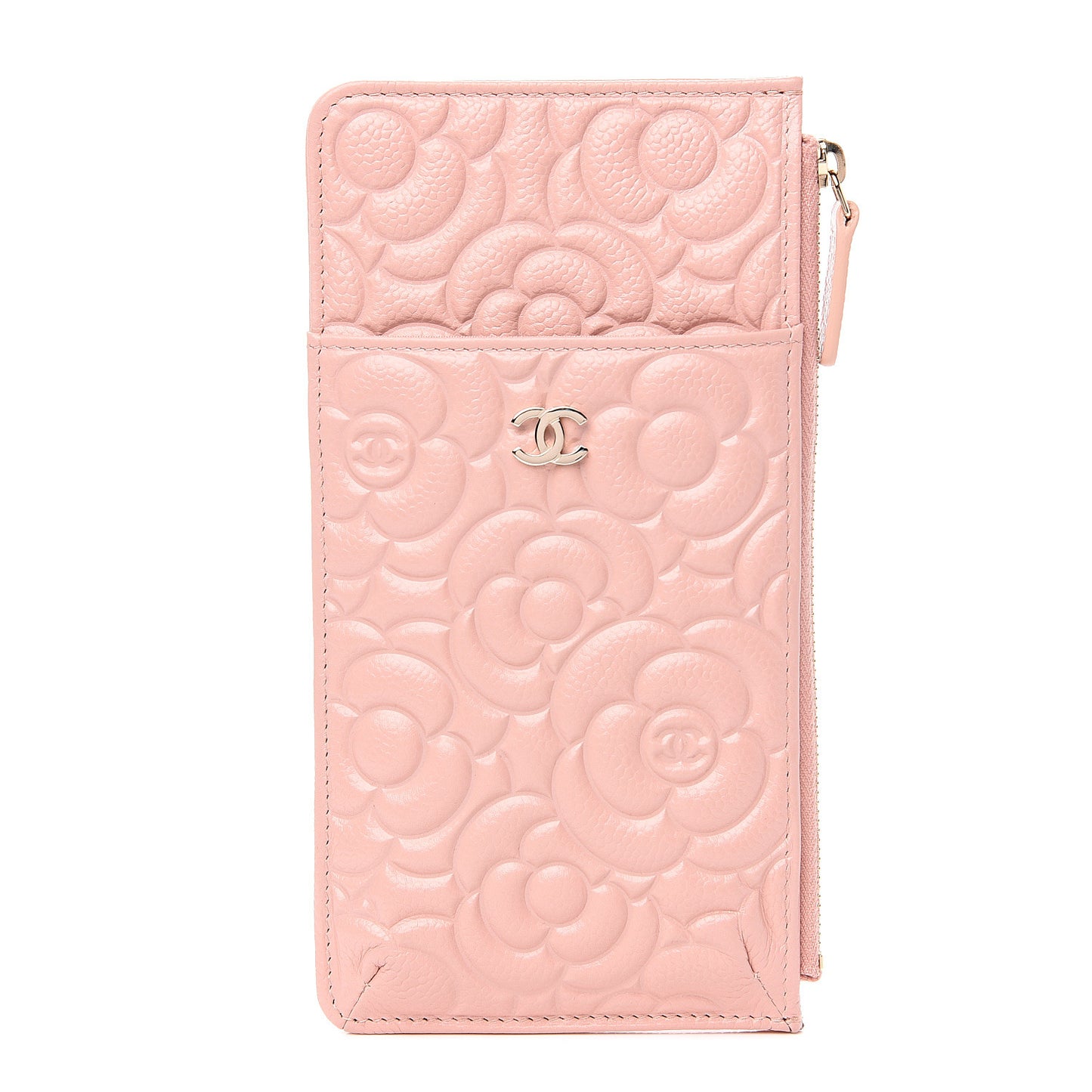 Caviar Camellia Embossed Classic Flat Wallet Pouch Pink
