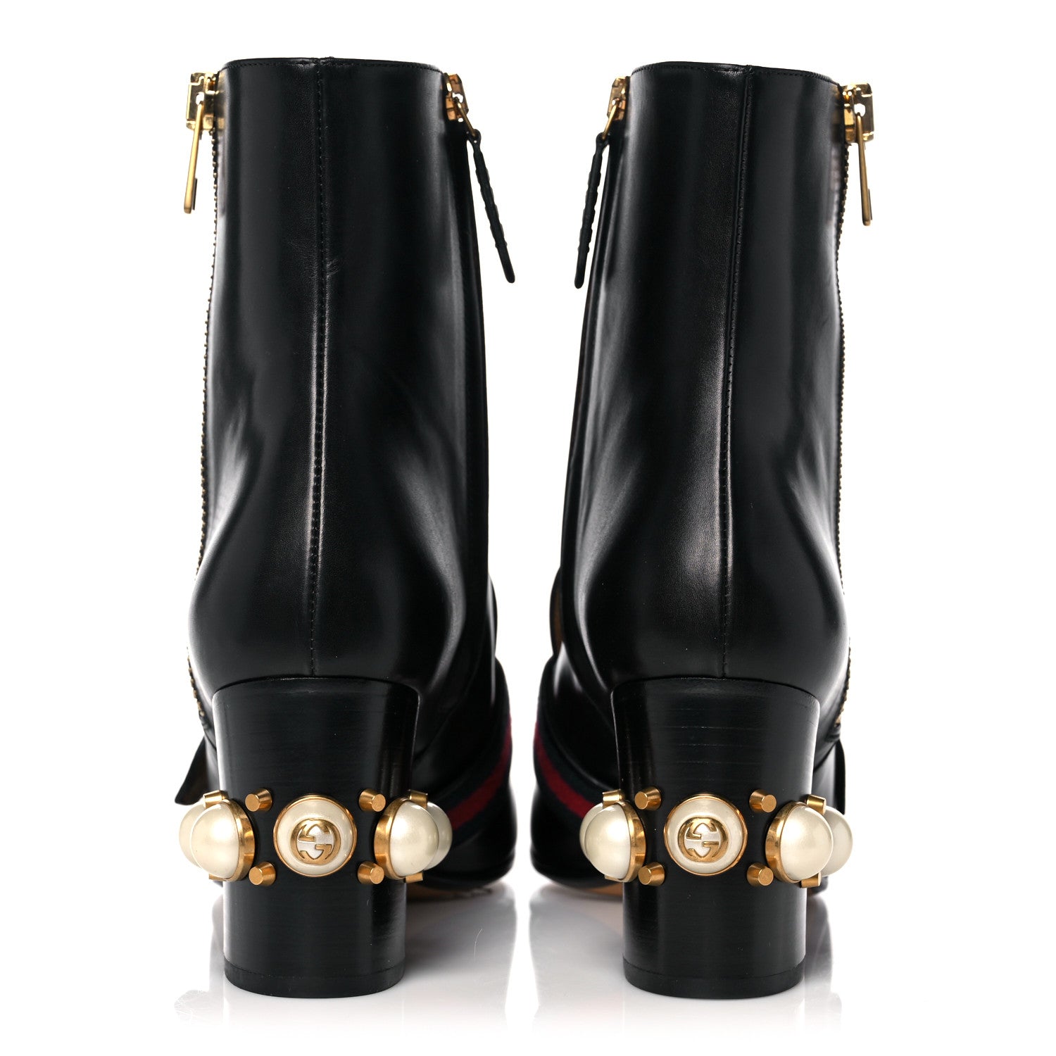 Gucci Betis Glamour Calfskin Web Pearl Embellished Peyton 75mm Ankle Boots 39 Black 5 of 11