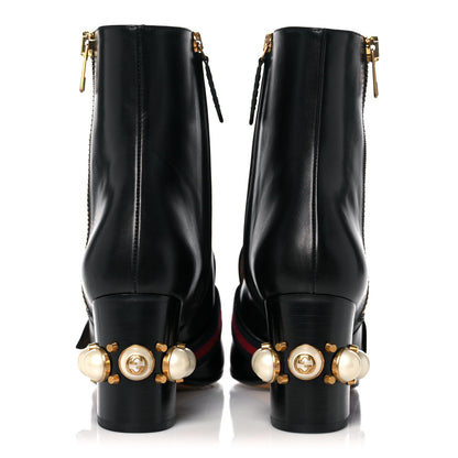 Gucci Betis Glamour Calfskin Web Pearl Embellished Peyton 75mm Ankle Boots 39 Black 5 of 11
