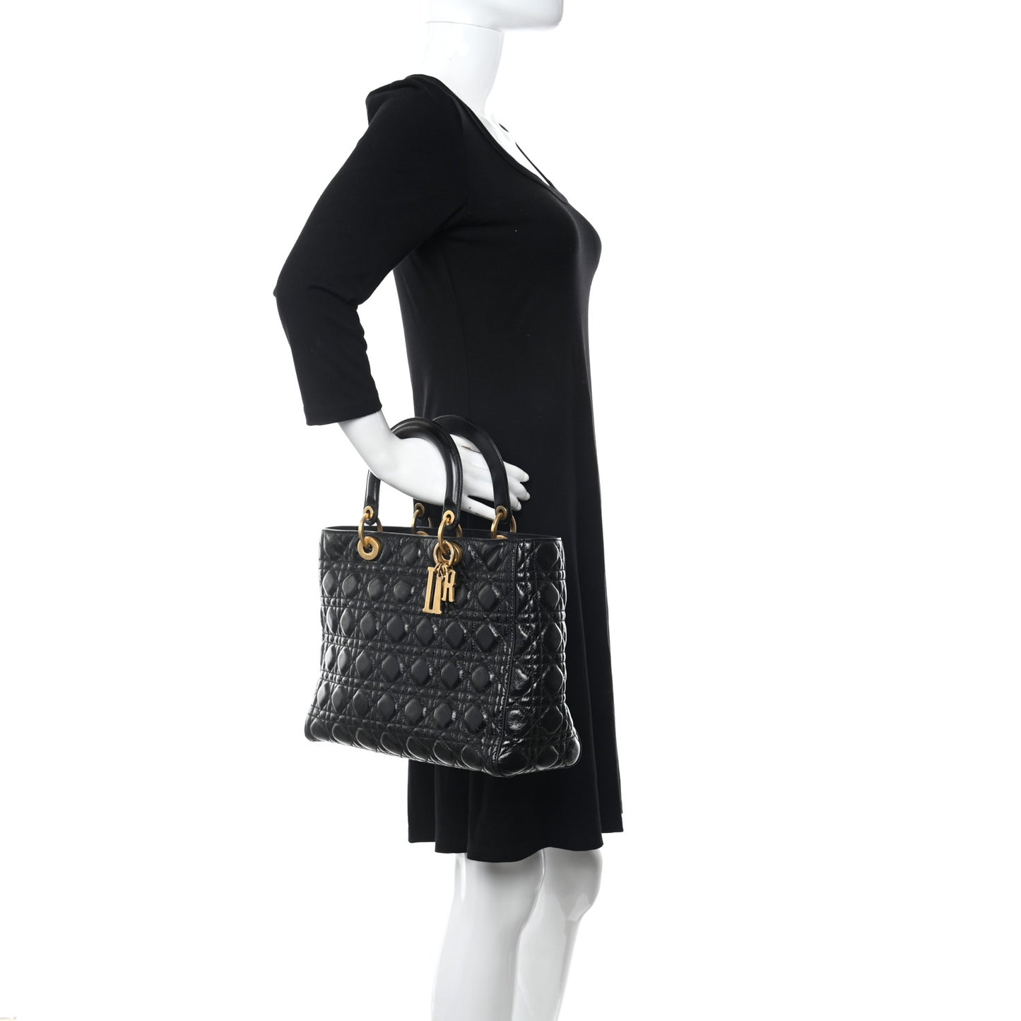 Crinkled Patent Cannage Large Lady Dior Black