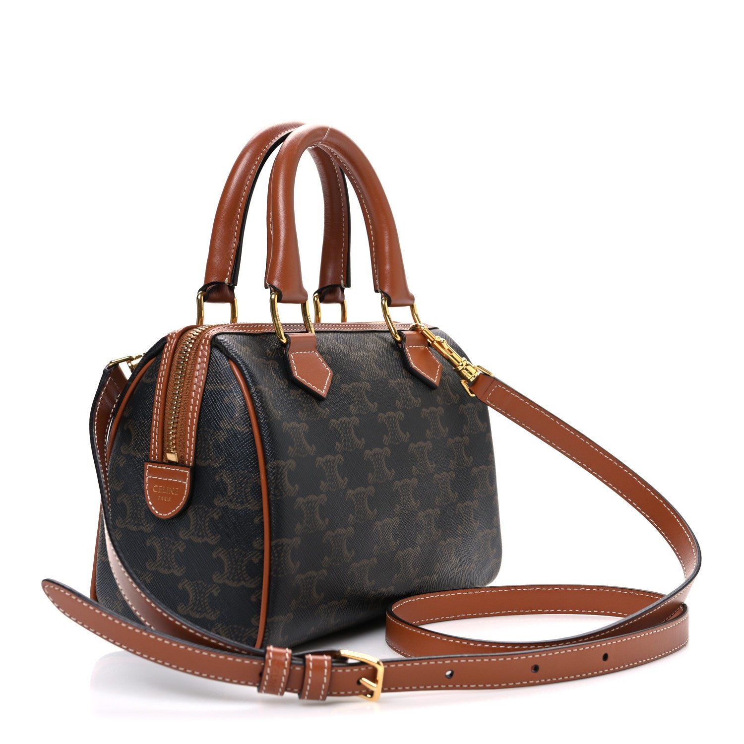 Celine Triomphe Canvas Calfskin Small Boston Bag Tan 3 of 11