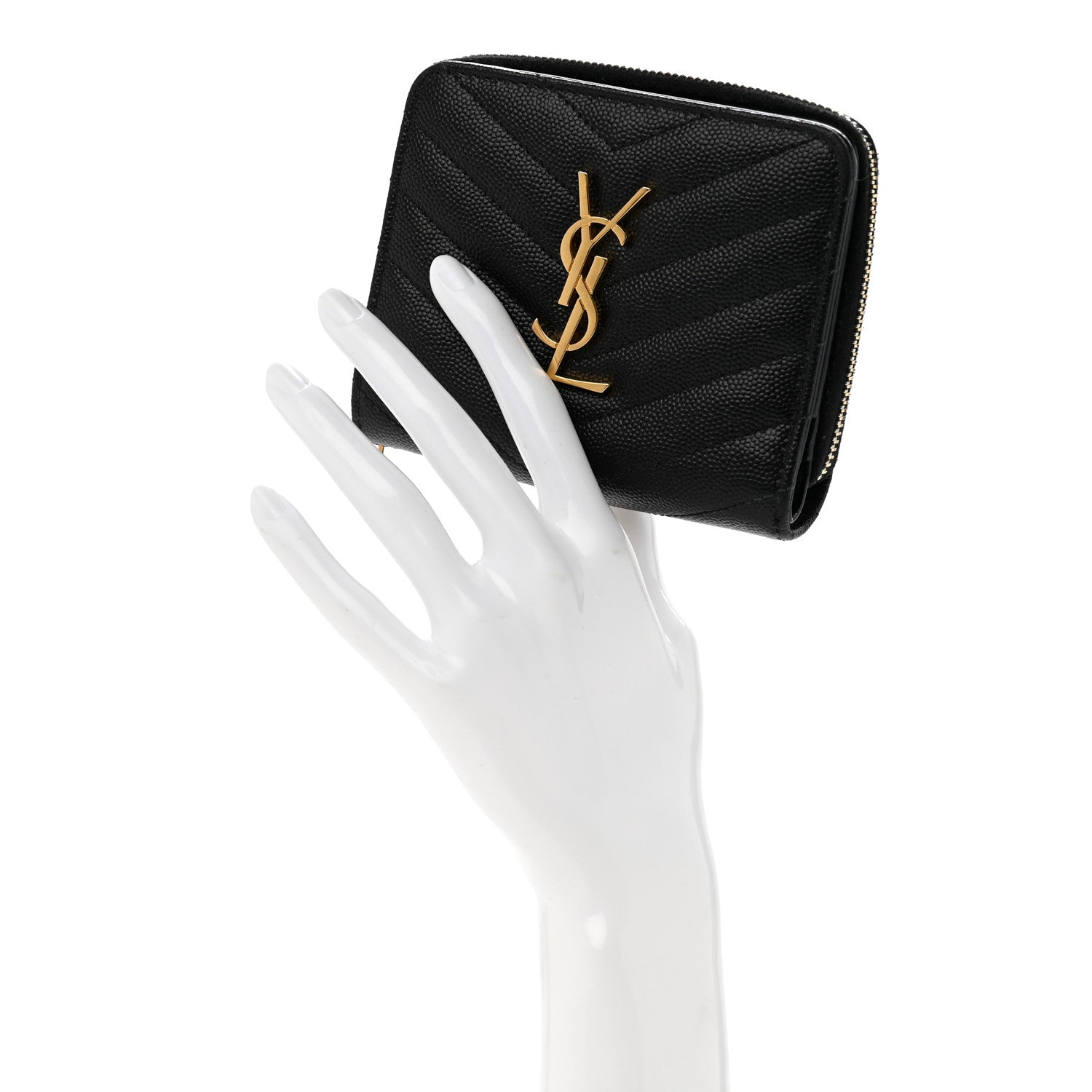 Saint Laurent Grain De Poudre Matelasse Chevron Monogram Compact Zip Around Wallet Black 2 of 10