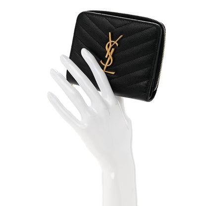 Saint Laurent Grain De Poudre Matelasse Chevron Monogram Compact Zip Around Wallet Black 2 of 10