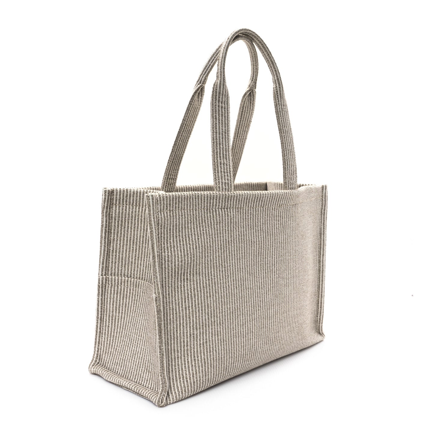 Canvas Calfskin Striped Triomphe Large Cabas Beige