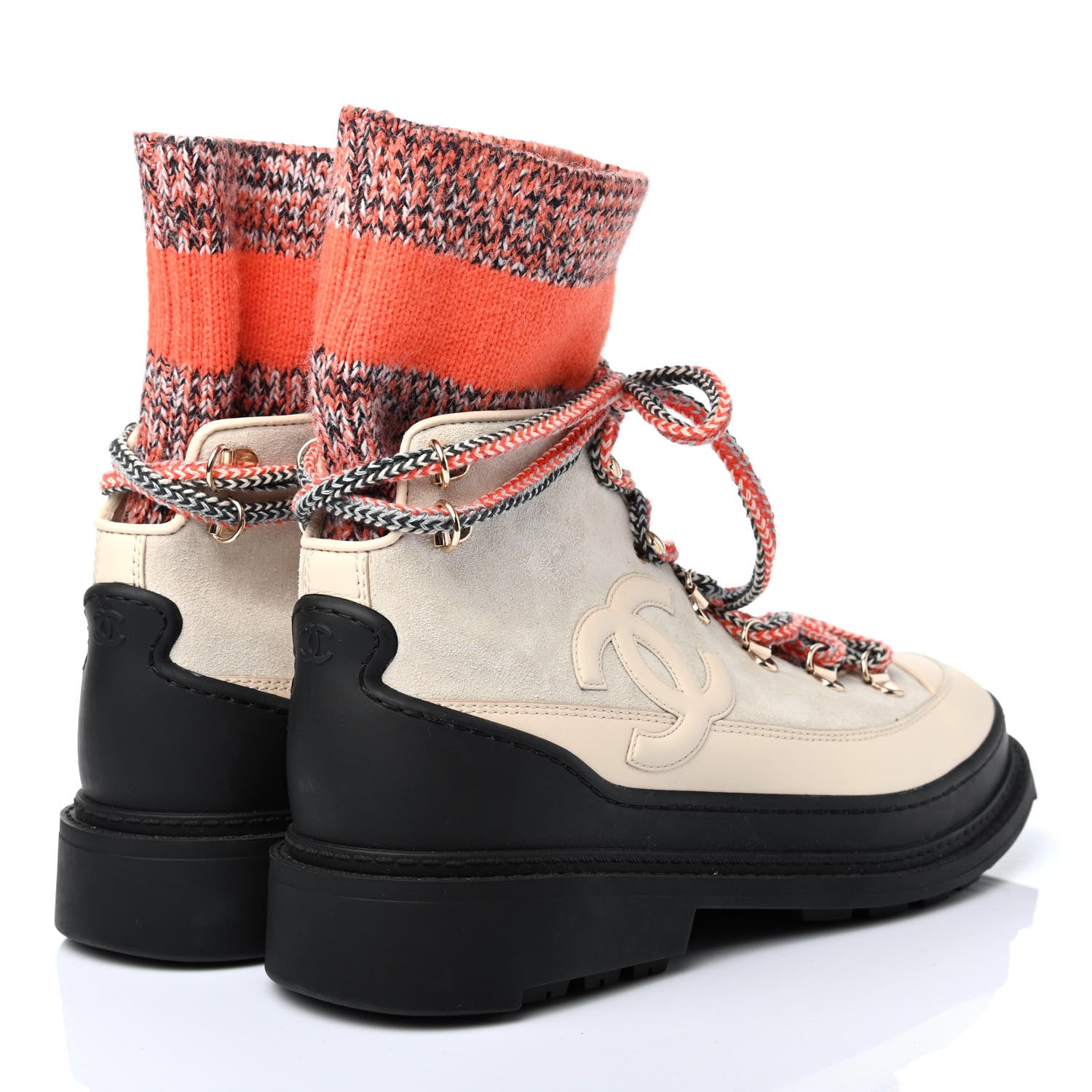 Chanel Suede Knit Womens Sock Lace Up Boots 39 White 3 of 4