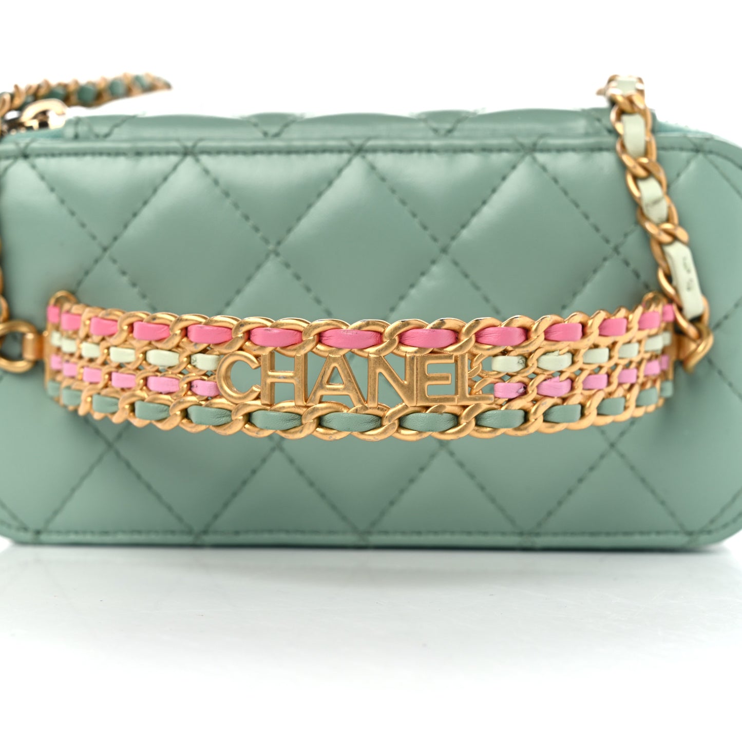 Shiny Calfskin Quilted Small Top Handle Vanity Case With Chain Light Green
