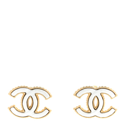 Chanel Metal Enamel CC Earrings Gold White 1 of 5