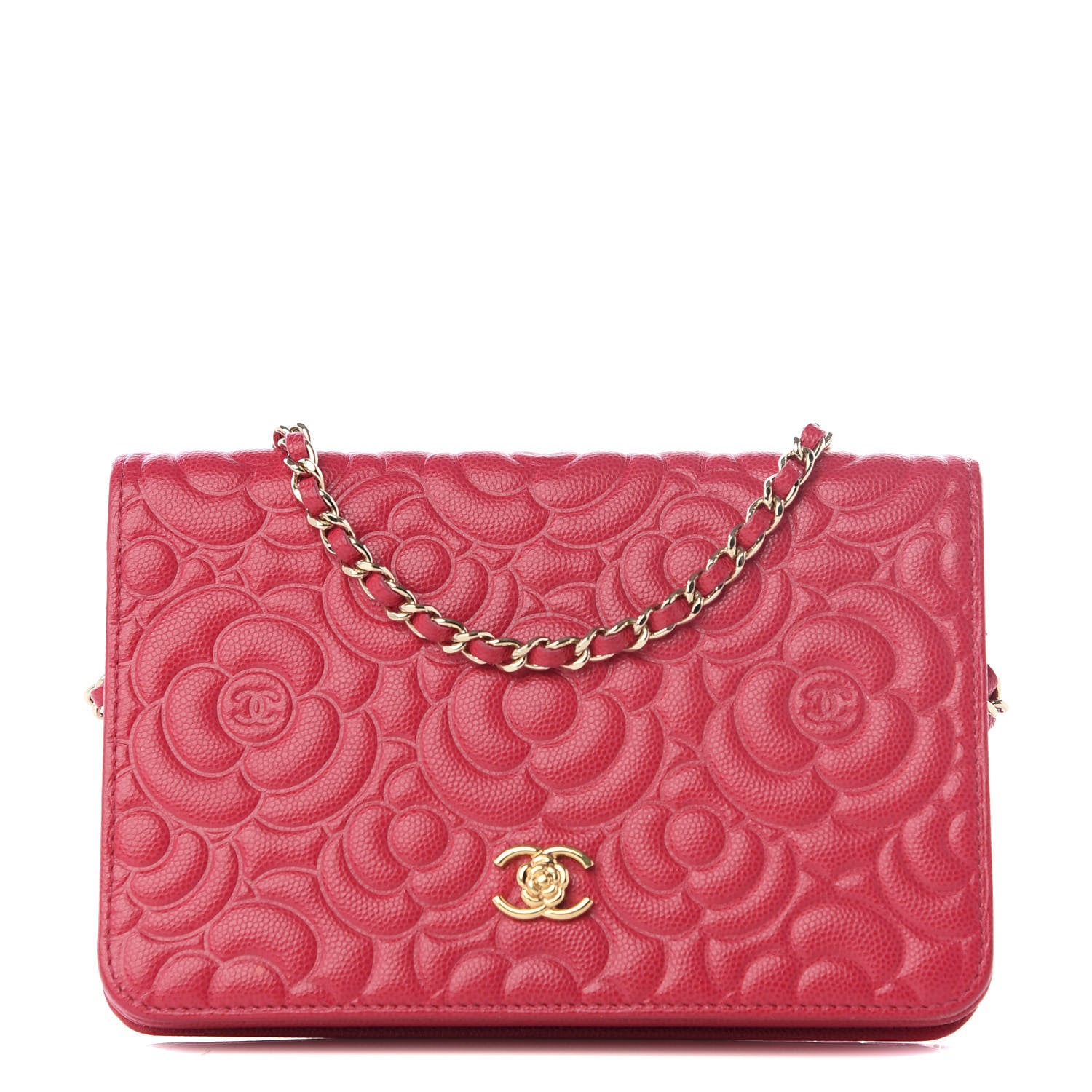 Chanel Caviar Camellia Embossed Wallet On Chain WOC Fuschia 1 of 12