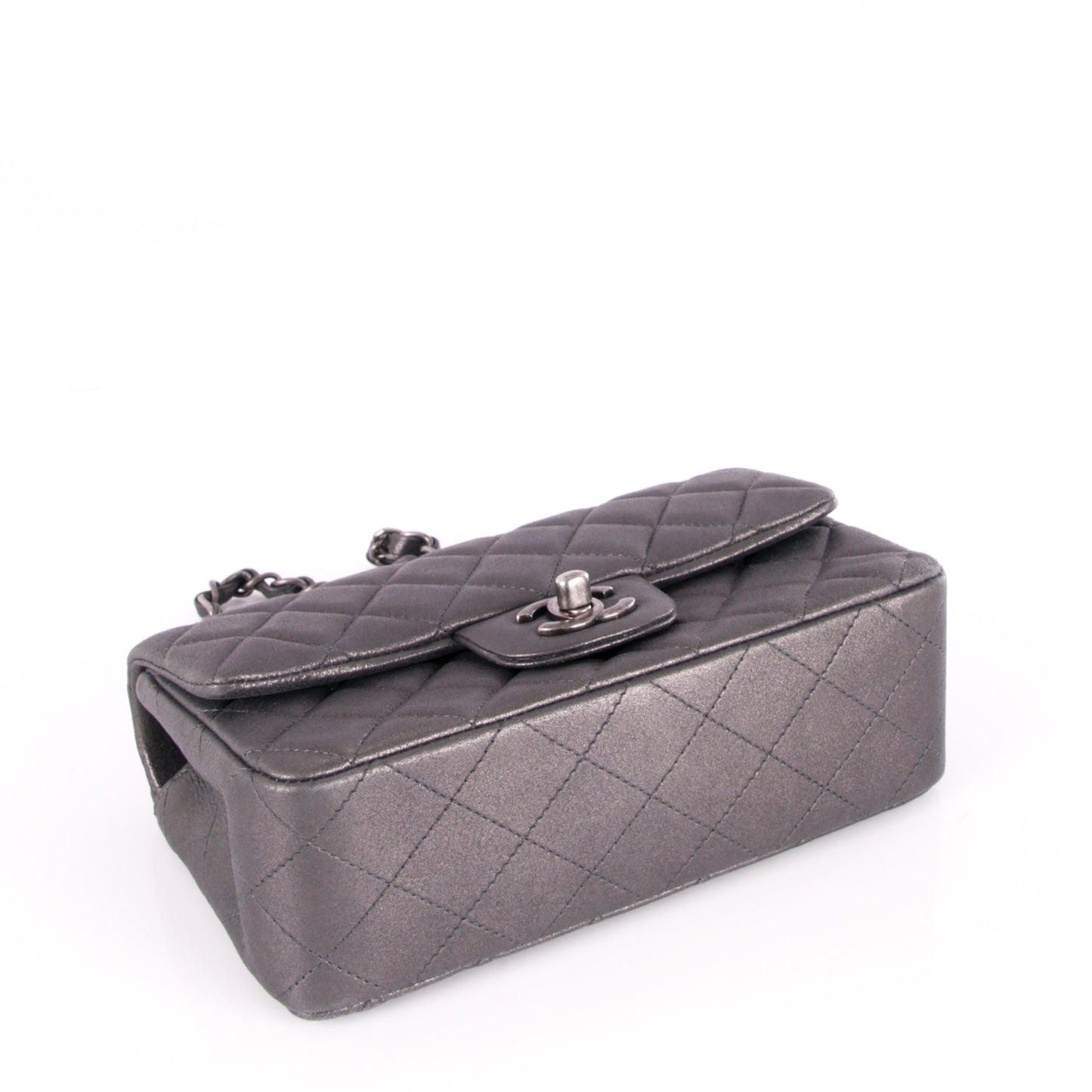 Iridescent Calfskin Quilted Mini Rectangular Flap Dark Grey