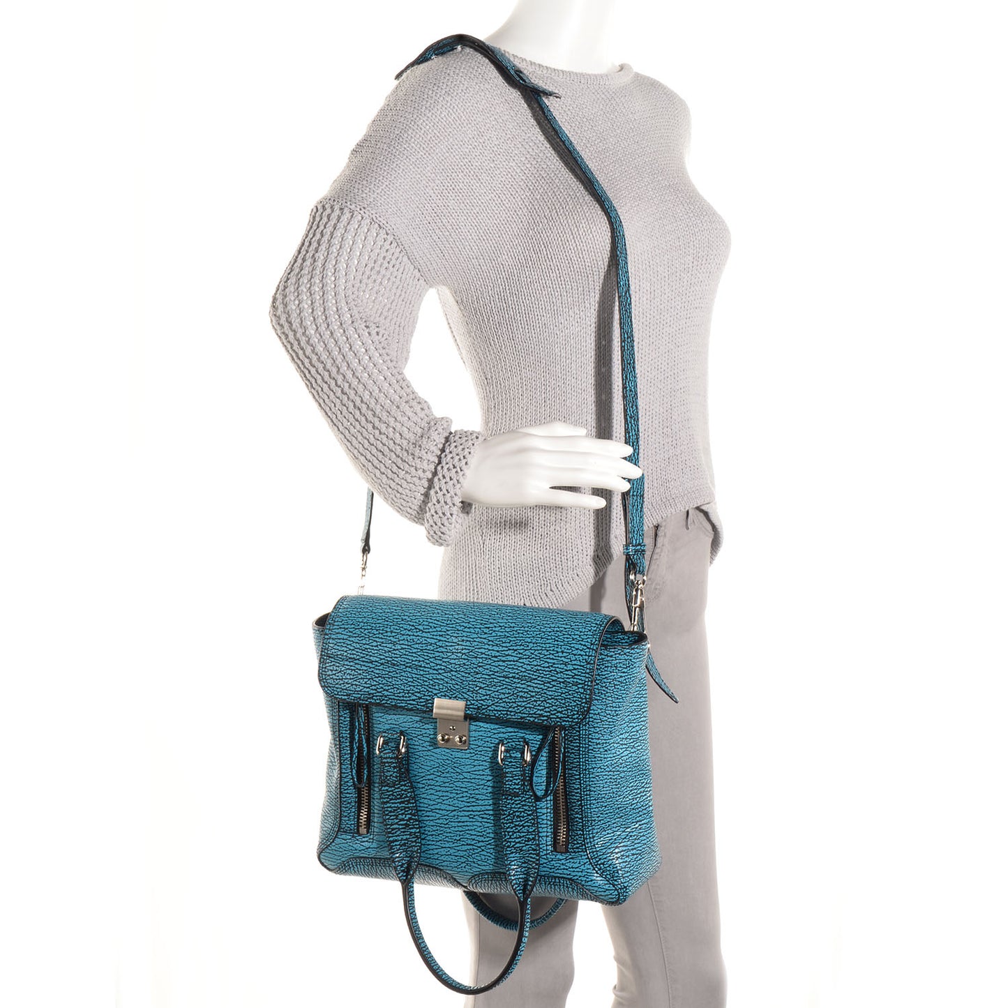3.1 Shark Embossed Leather Medium Pashli Satchel Turquoise Black