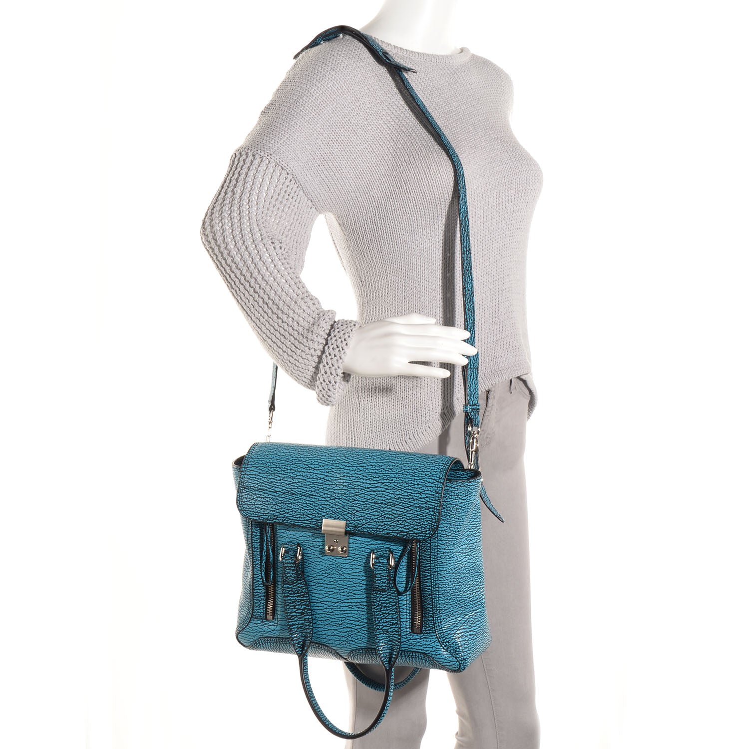 3.1 Phillip Lim 3.1 Shark Embossed Leather Medium Pashli Satchel Turquoise Black 2 of 11