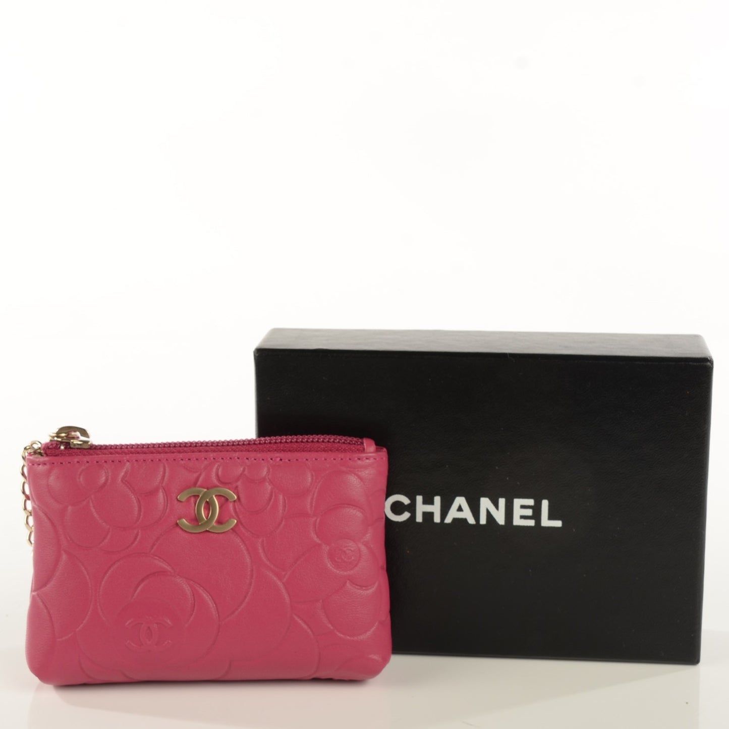 Lambskin Camellia Embossed Key Holder Case Fuchsia