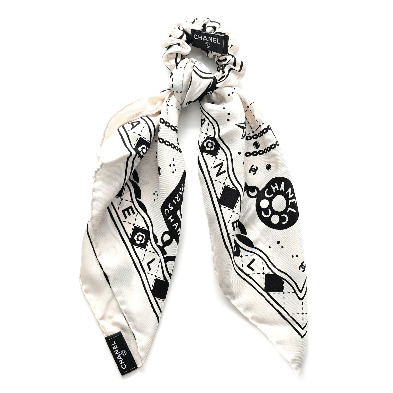 Chanel Silk Twill Square Scarf Hair Tie Ecru Black 1497447