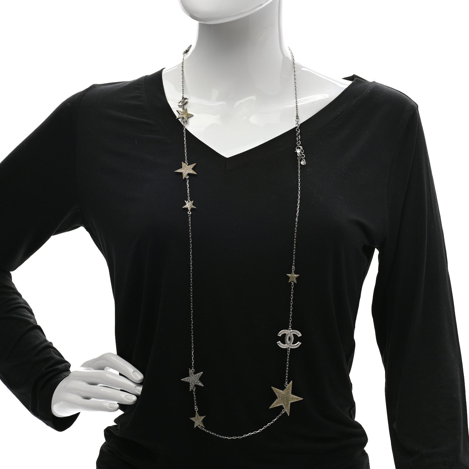 Chanel Crystal Star CC Long Necklace Silver 2 of 9