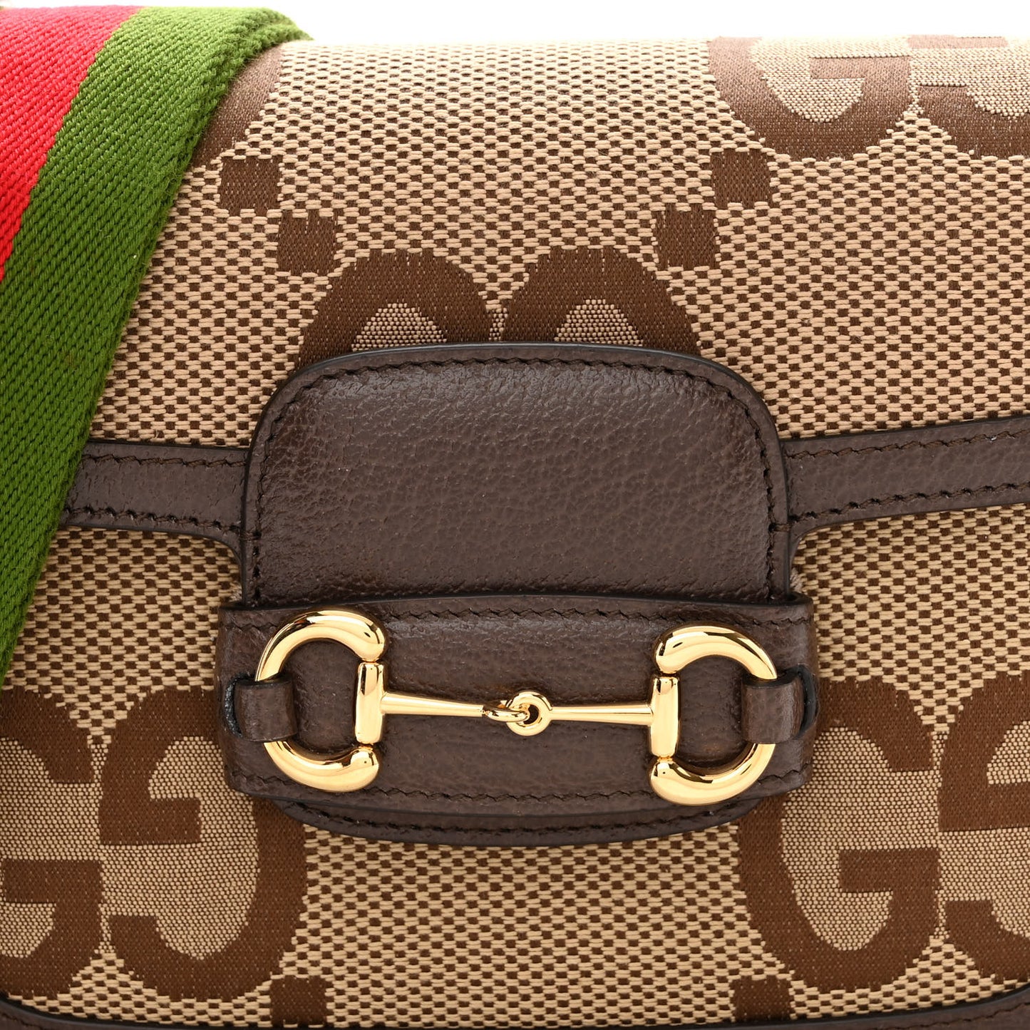 Monogram Jumbo GG Textured Dollar Calfskin Web Mini Horsebit 1955 Shoulder Bag Camel Ebony New Acero