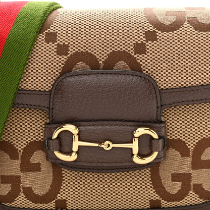 Gucci Monogram Jumbo GG Textured Dollar Calfskin Web Mini Horsebit 1955 Shoulder Bag Camel Ebony New Acero 8 of 10