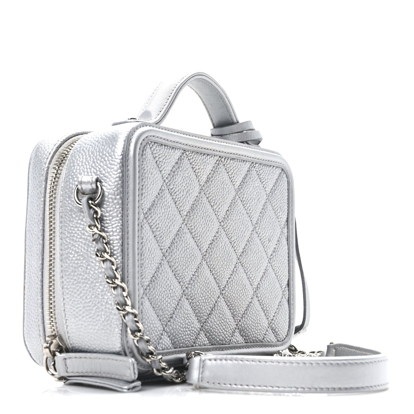 Metallic Caviar Quilted Small CC Filigree Vanity Case Silver