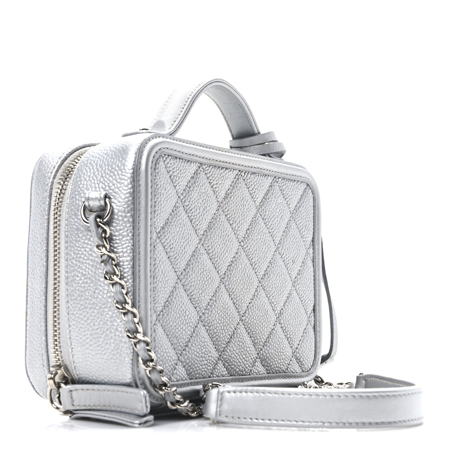 Chanel Metallic Caviar Quilted Small CC Filigree Vanity Case Silver 3 of 10