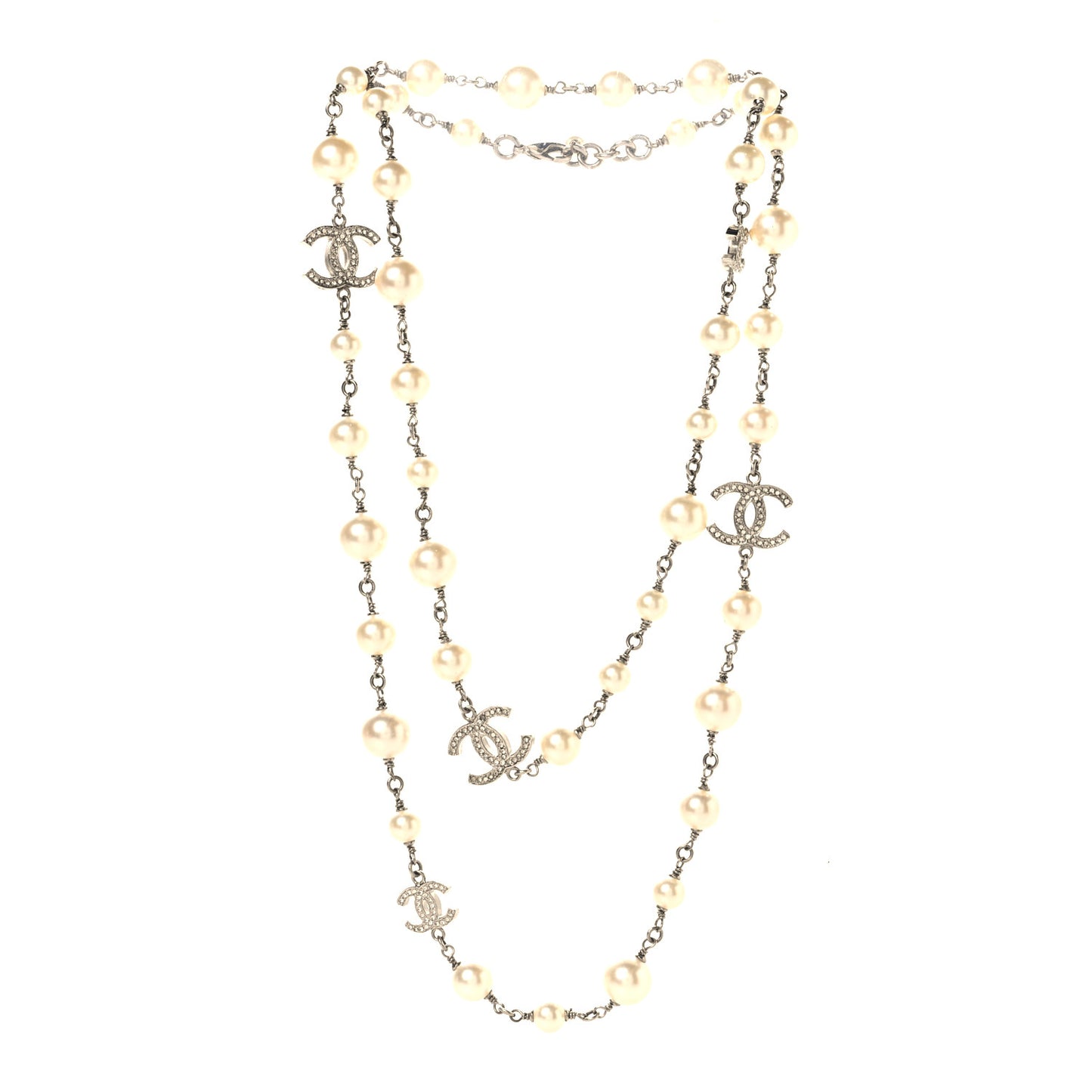 Crystal Pearl CC Long Necklace Silver