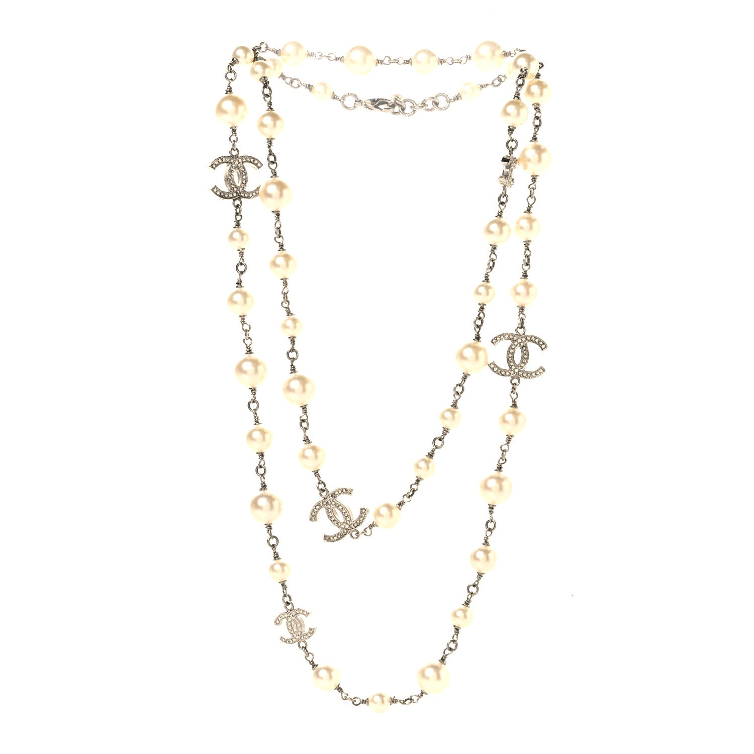 Chanel Crystal Pearl CC Long Necklace Silver 3 of 5