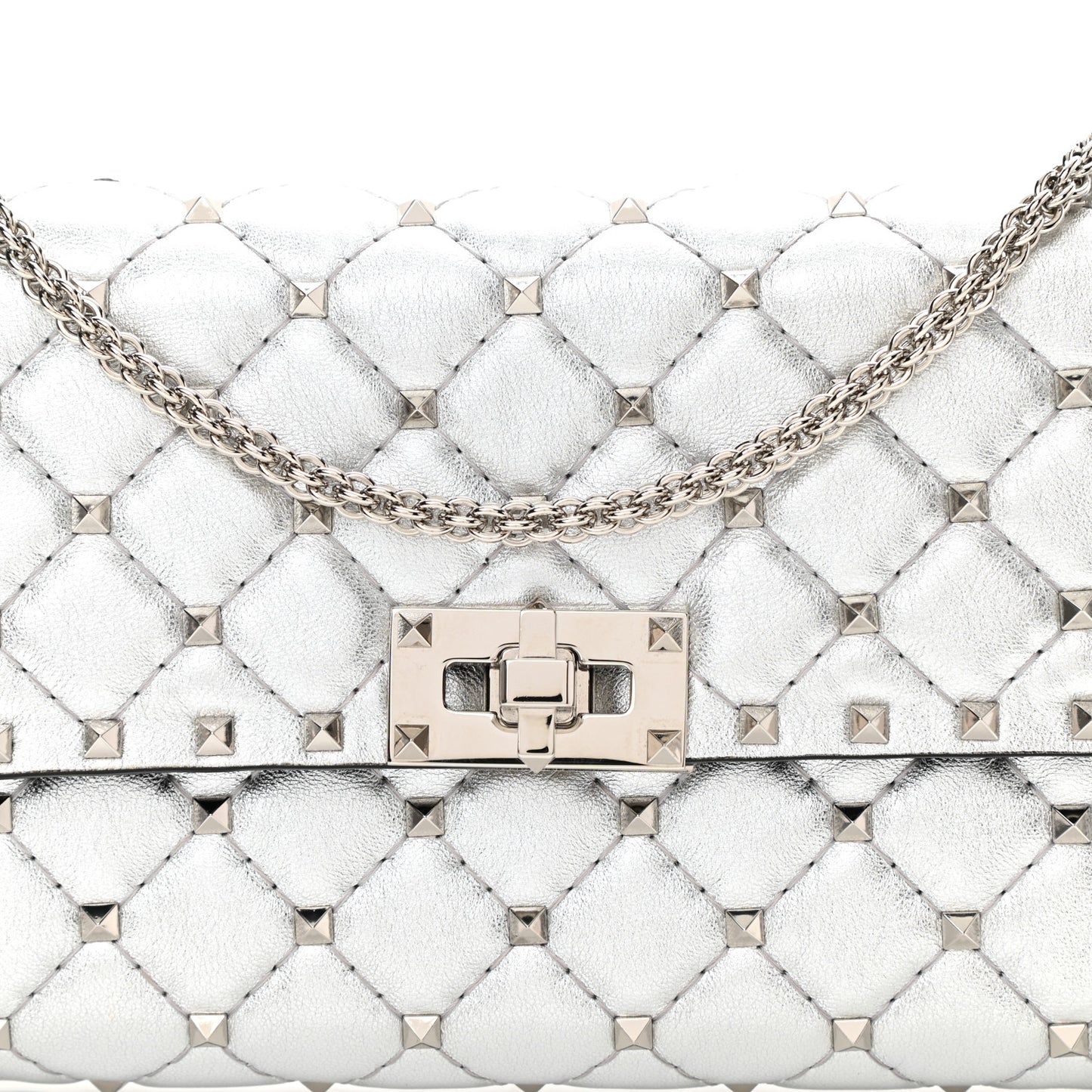 Metallic Lambskin Rockstud Spike Wallet on Chain Silver