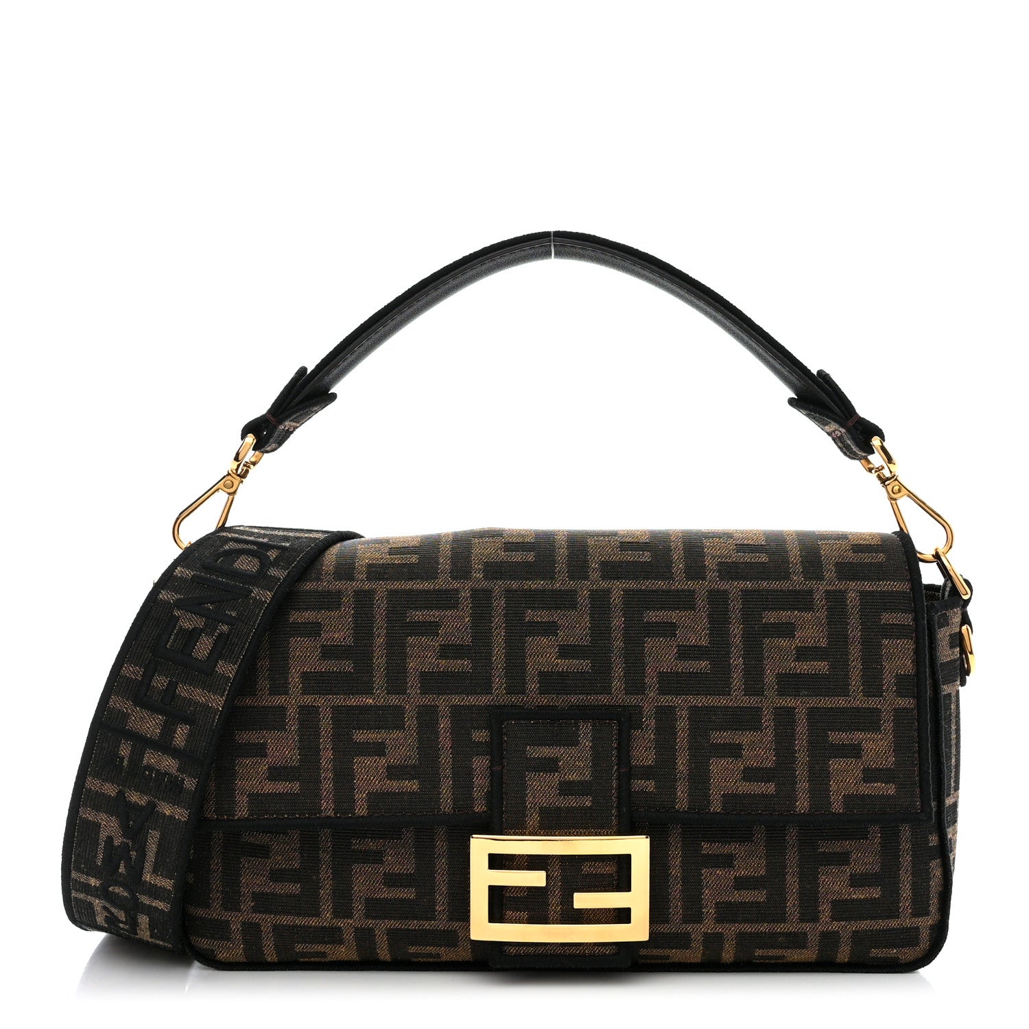 Fendi Fabric Jacquard FF 1974 Medium Baguette Tobacco Moro Black 1 of 10