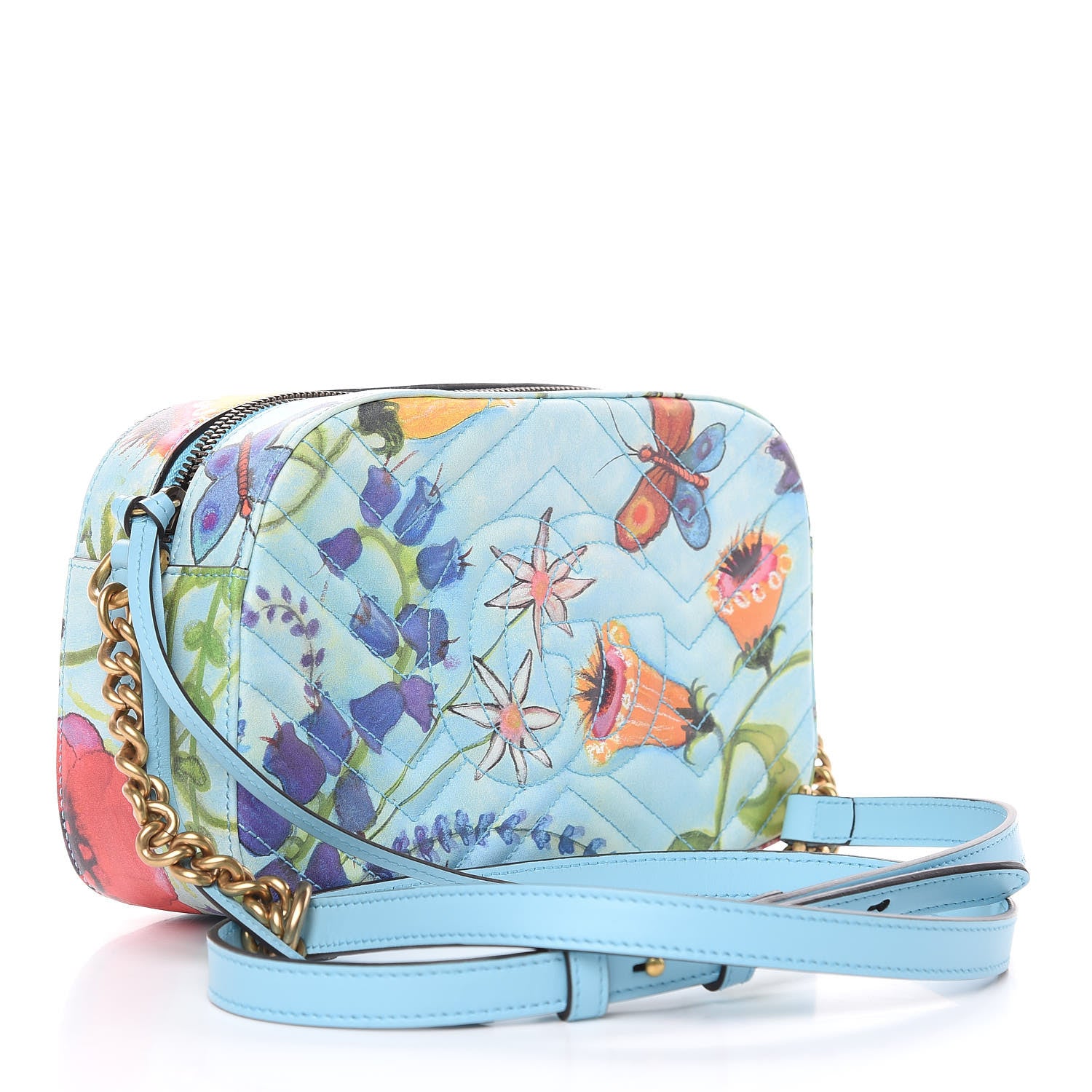 Gucci X UNSKILLED WORKER Calfskin Matelasse Flora Painted Small GG Marmont Chain Shoulder Bag Cloudy Blue Multicolor 3 of 11