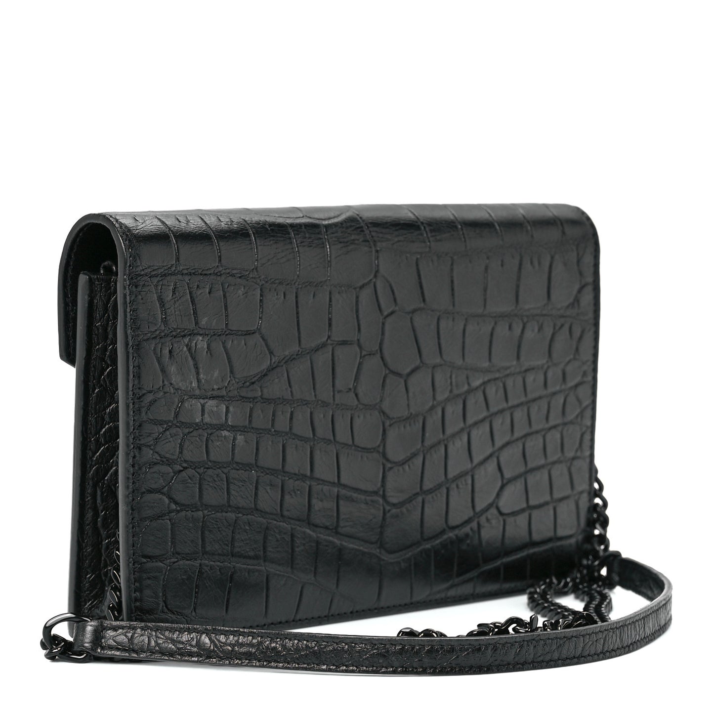 Calfskin Crocodile Embossed Monogram Envelope Chain Wallet Black