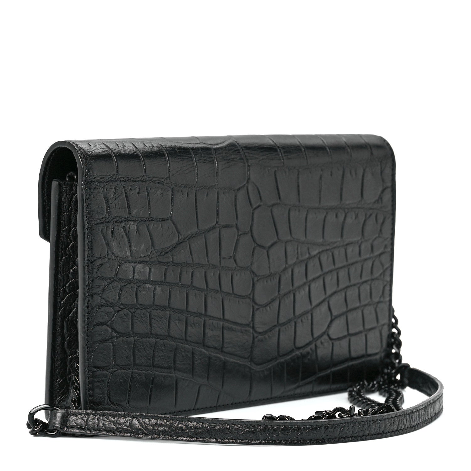 Saint Laurent Calfskin Crocodile Embossed Monogram Envelope Chain Wallet Black 3 of 12