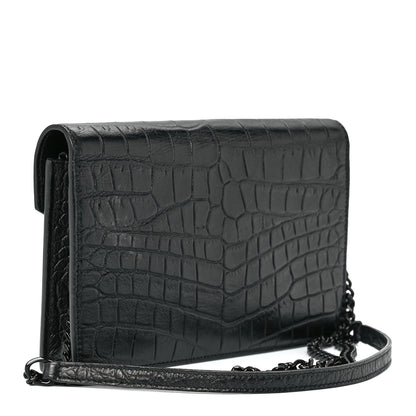Saint Laurent Calfskin Crocodile Embossed Monogram Envelope Chain Wallet Black 3 of 12