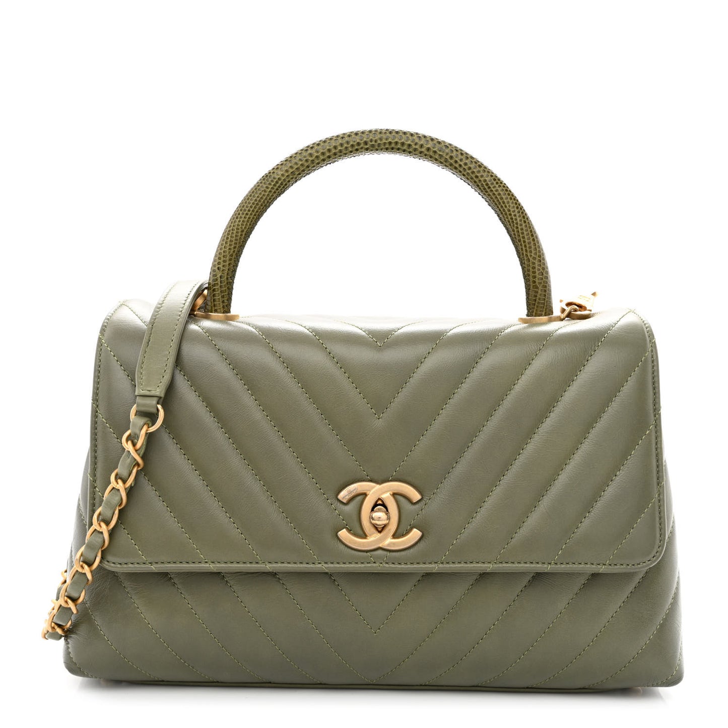 Calfskin Lizard Chevron Quilted Small Coco Handle Flap Green
