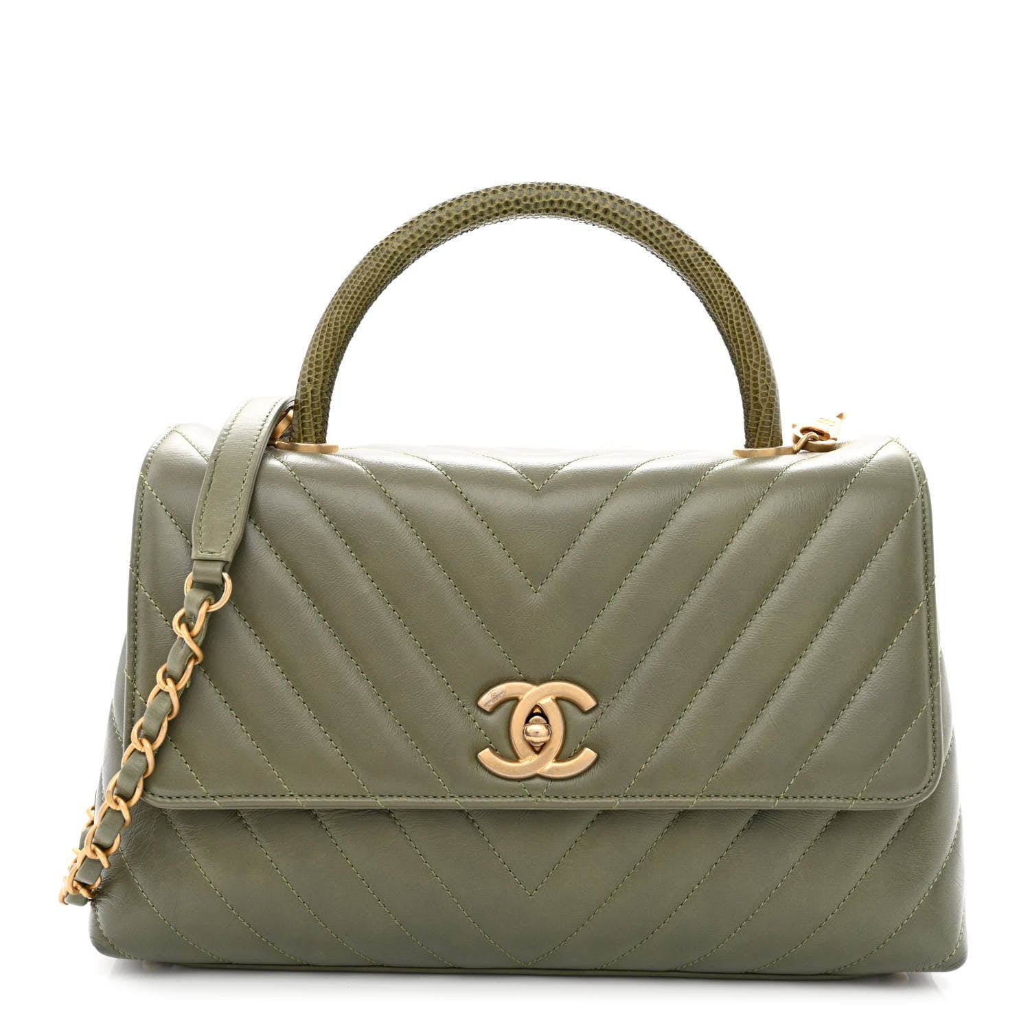 Chanel Calfskin Lizard Chevron Quilted Small Coco Handle Flap Green 1 of 11
