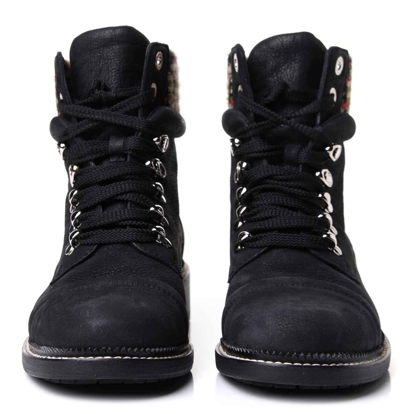 Calfskin Tweed Trim Lace Up Boots 38.5 Black Multicolor