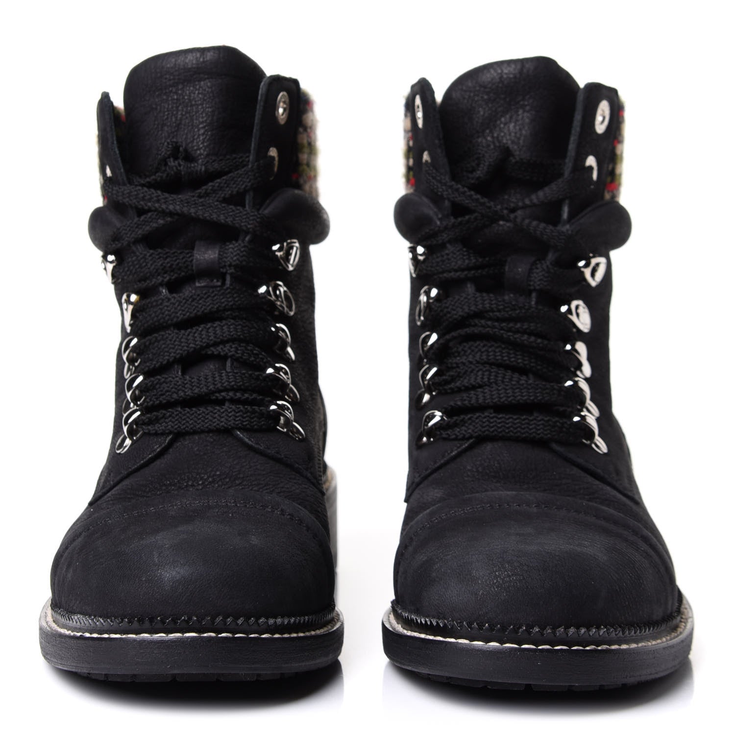 Chanel Calfskin Tweed Trim Lace Up Boots 38.5 Black Multicolor 2 of 6