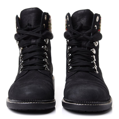 Chanel Calfskin Tweed Trim Lace Up Boots 38.5 Black Multicolor 2 of 6