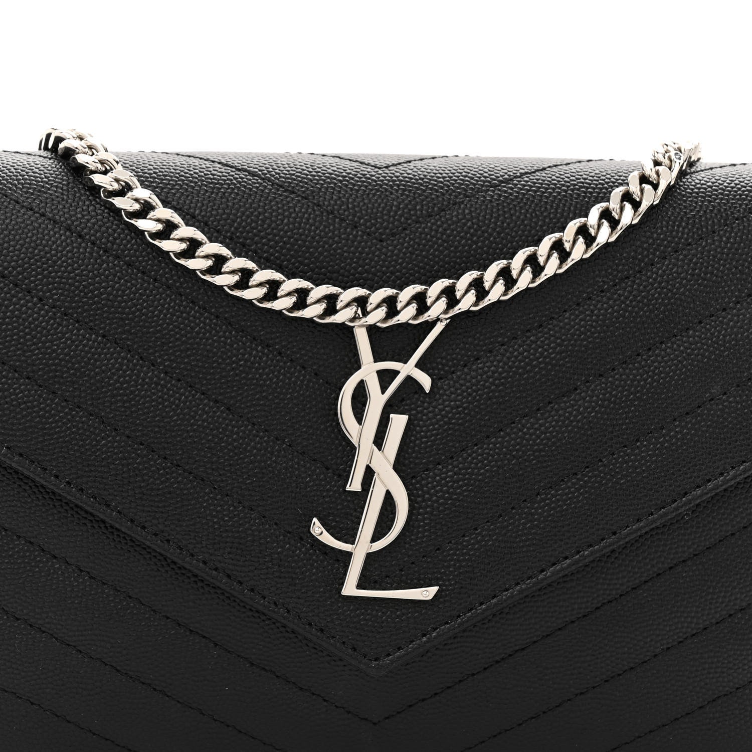 Saint Laurent Grain De Poudre Matelasse Chevron Monogram Chain Wallet Black 9 of 15