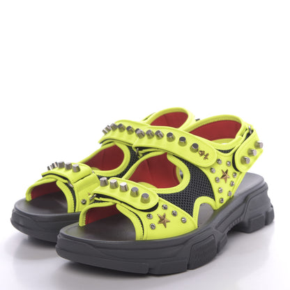 Gucci Technical Canvas Calfskin Studded Mens Aguru Sandals 9 Neon Yellow 3 of 8