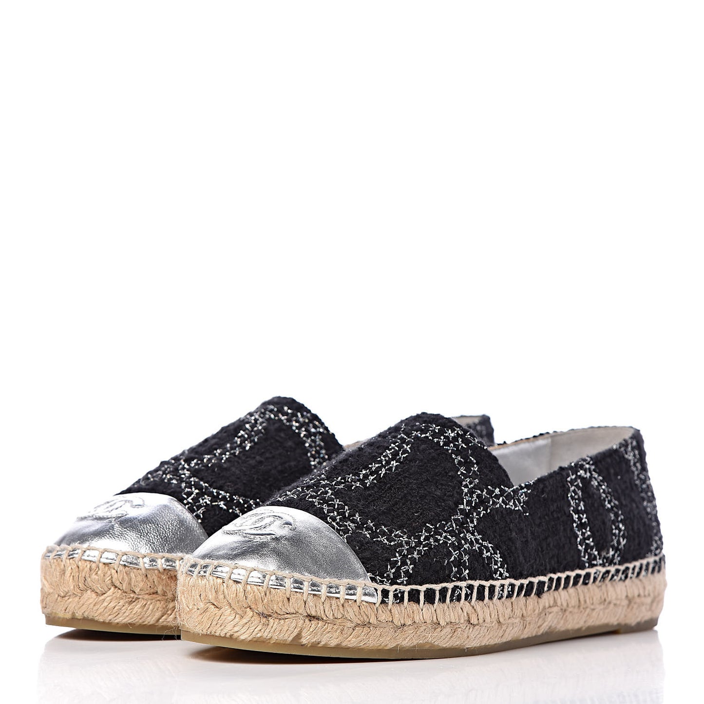 Metallic Tweed Lambskin CC Espadrilles 36 Black Silver