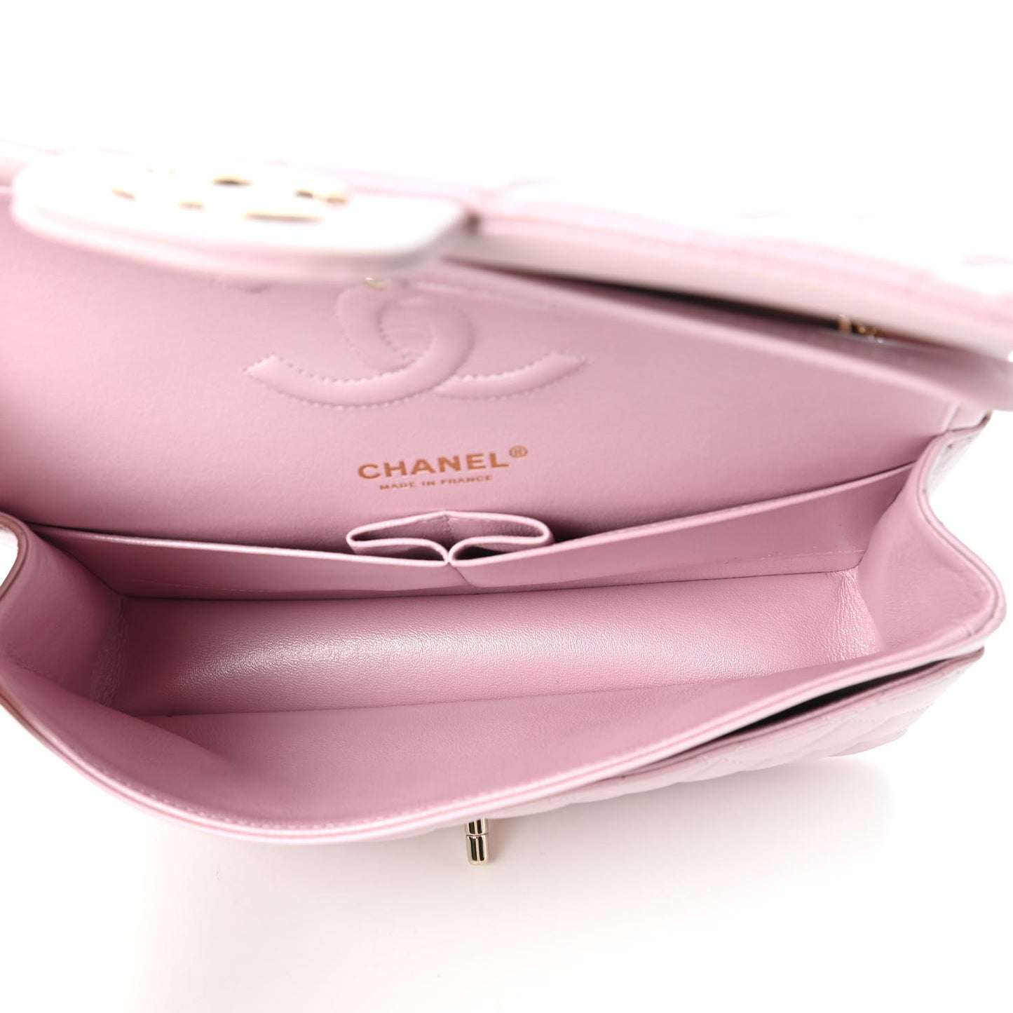 Iridescent Calfskin Quilted Medium Double Flap Light Pink