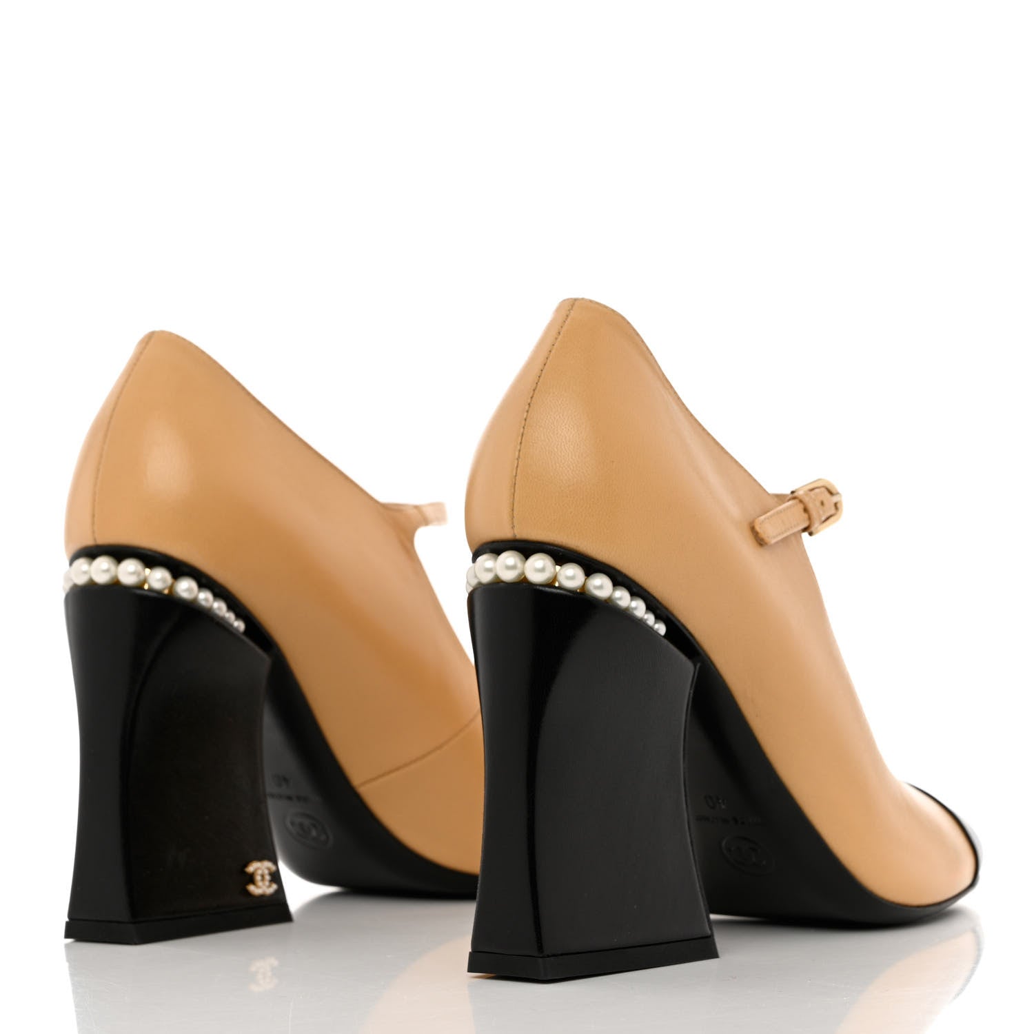 Chanel Shiny Goatskin Pearls Open Cap Toe Slingback Pumps 40 Beige Black 4 of 11